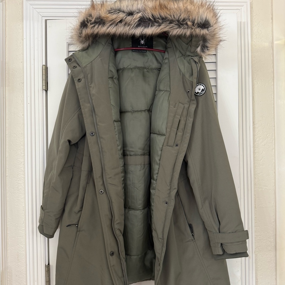 Spyder Olive Puffer Coat with Faux Fur Hood